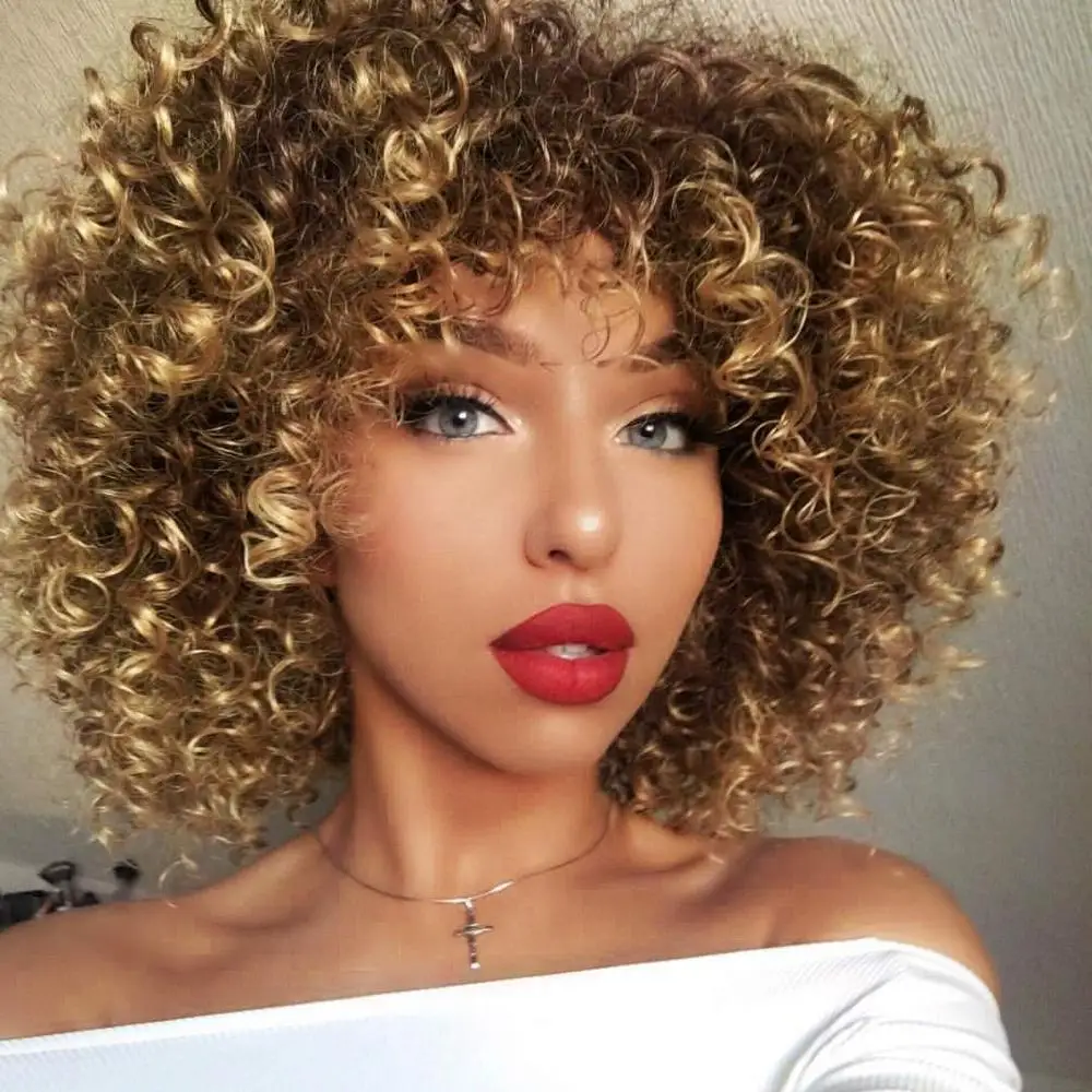 

Vigorous High Quality Ombre Brown Blonde Bob Curly Wig With Bang Cheap Black Women Wavy Heat Resistant Synthetic Hair Wigs