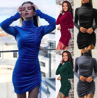 F41168A 2021 European and American Suede Pull Rope High Neck Long Sleeve Bodycon Hip Woman Fall Dress Women Casual Dress, As picture 
F41168A 2021 European and American Suede Pull Rope High Neck Long Sleeve Bodycon Hip Woman Fall Dress Women Casual Dress, As picture