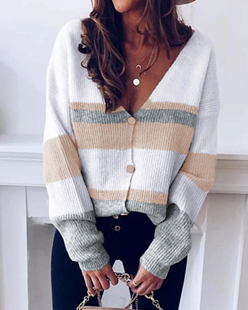 

Deep V Neck Cardigan Striped Sweater Cropped Cardigan Knitwear Women Clothes Autumn Winter Cardigans Women Sweaters Knit top