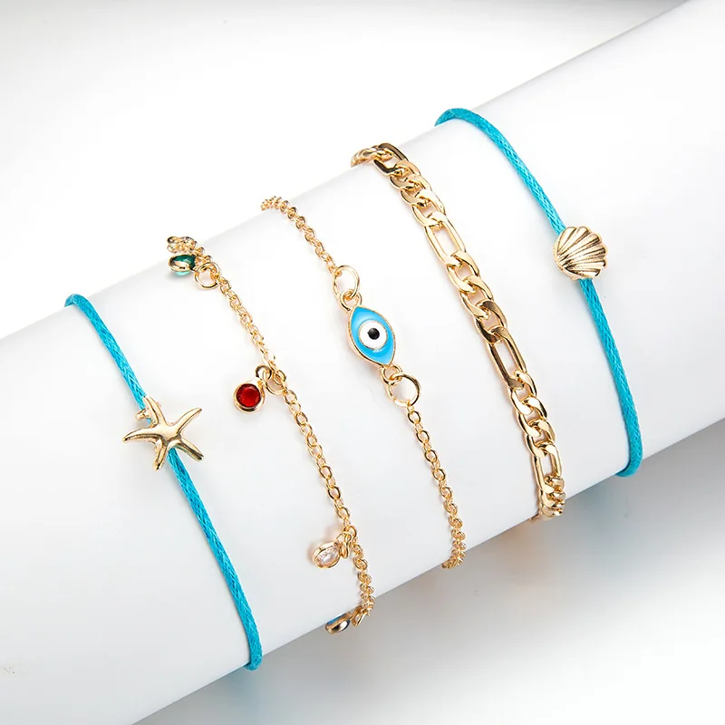 Summer Beach Women Golden Starfish Shell Blue Eye String Barefoot Bracelet Colorful Diamond Tassel 5 pcs/set Anklet
Summer Beach Women Golden Starfish Shell Blue Eye String Barefoot Bracelet Colorful Diamond Tassel 5 pcs/set Anklet