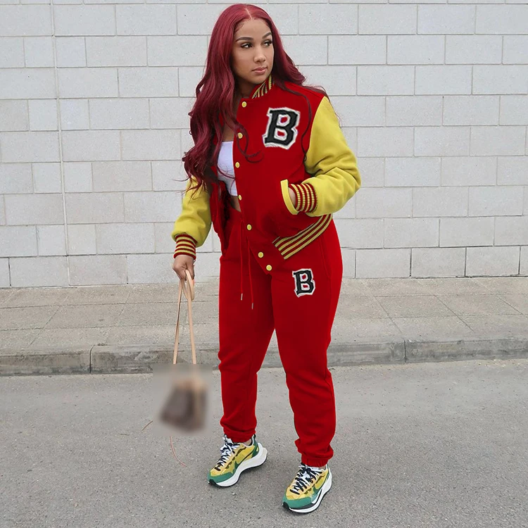 Sports Contrast Color Baseball Clothing Full Sleeve Coat And Pants Woman Winter Sets Outfits, Black,red,brown,army green,blue 
Sports Contrast Color Baseball Clothing Full Sleeve Coat And Pants Woman Winter Sets Outfits, Black,red,brown,army green,blue