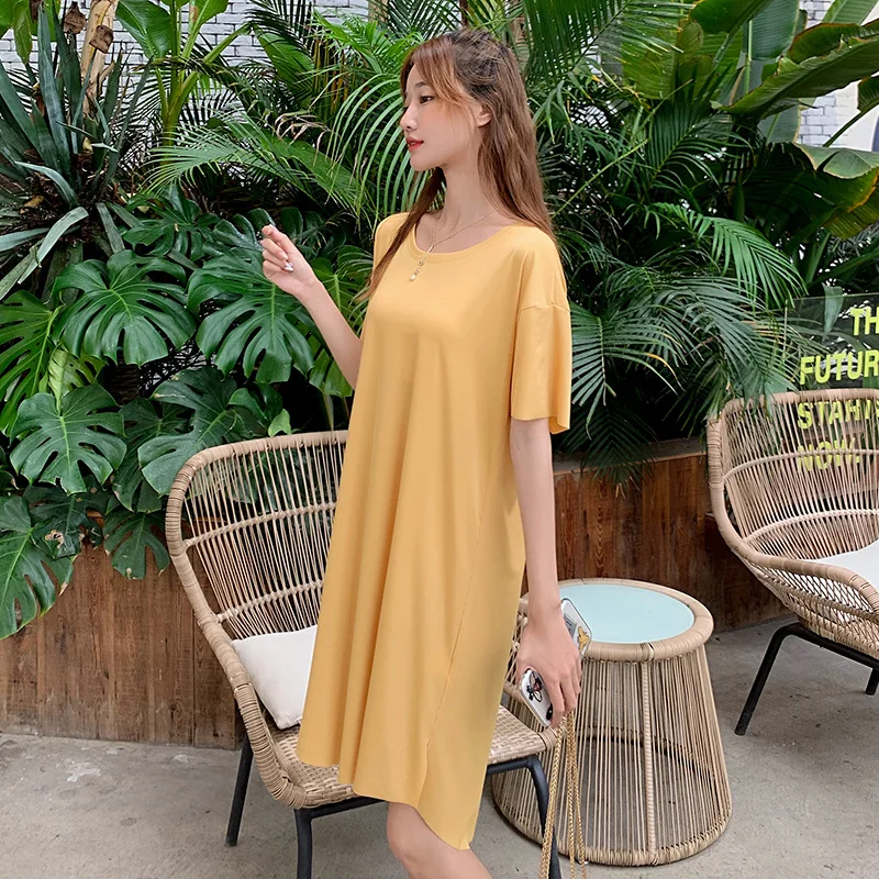 Women's loose short sleeve nightdress knit round neck dress solid color pinstripe large size home long skirt
Women's loose short sleeve nightdress knit round neck dress solid color pinstripe large size home long skirt