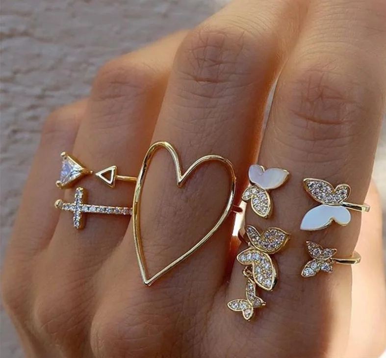 Ins Fashion Heart Shape Finger Rings Personalized Hyperbole Gold Heart Ring Sets Butterflies Rings
Ins Fashion Heart Shape Finger Rings Personalized Hyperbole Gold Heart Ring Sets Butterflies Rings