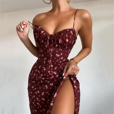 Wine Floral Dress Women Prairie Chic Paghetti Straps Backless Chest Draped Lace Up Side Split Sexy long dresses
Wine Floral Dress Women Prairie Chic Paghetti Straps Backless Chest Draped Lace Up Side Split Sexy long dresses