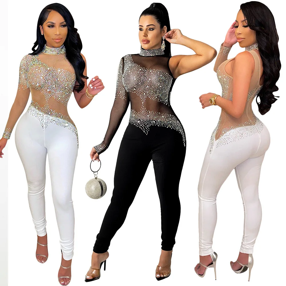 

Fall Women's Sexy Sparkly Rhinestone See Through Sheer Mesh One Long Sleeve Bodysuit Bodycon Jumpsuit Romper