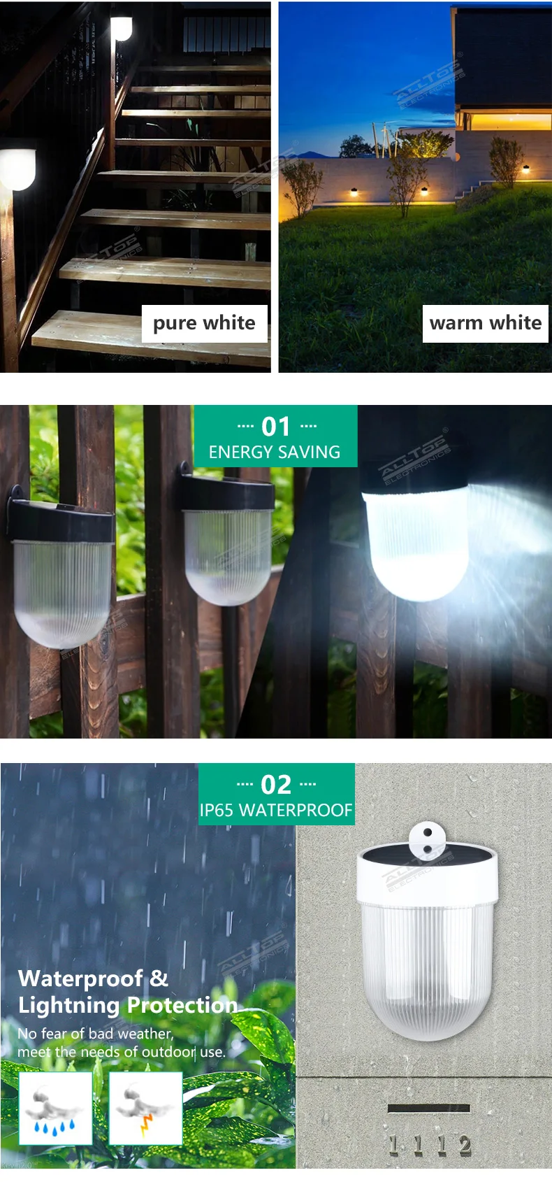 ALLTOP High lumen bridgelux smd waterproof outdoor 3w led double color solar wall light