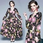 KEYIDI OEM new summer bow print V-neck long-sleeved vintage dress women