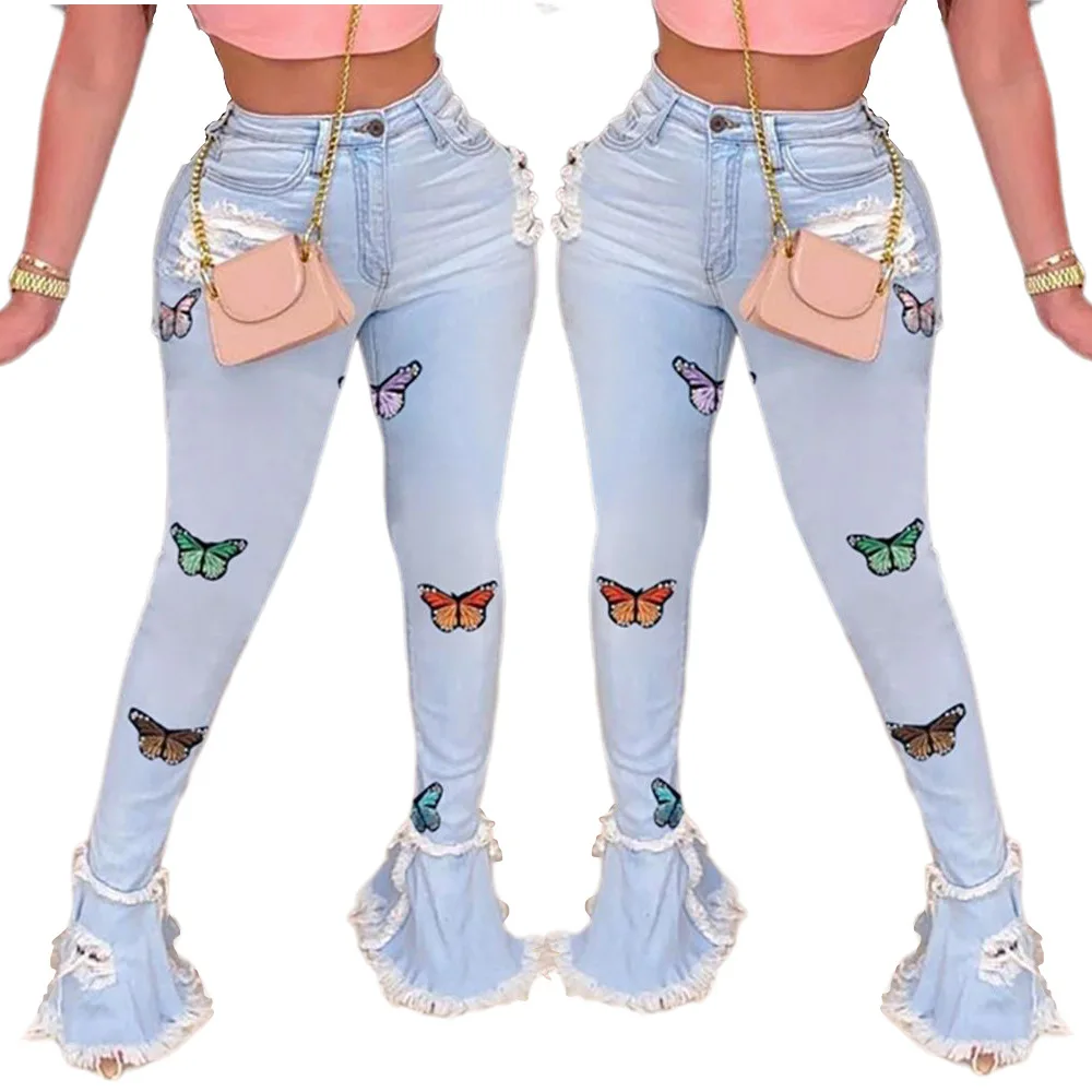 2021 new arrival pants jeans sexy highwaist bell bottom ladies denim skinny butterfly jeans for women, Shown 
2021 new arrival pants jeans sexy highwaist bell bottom ladies denim skinny butterfly jeans for women, Shown