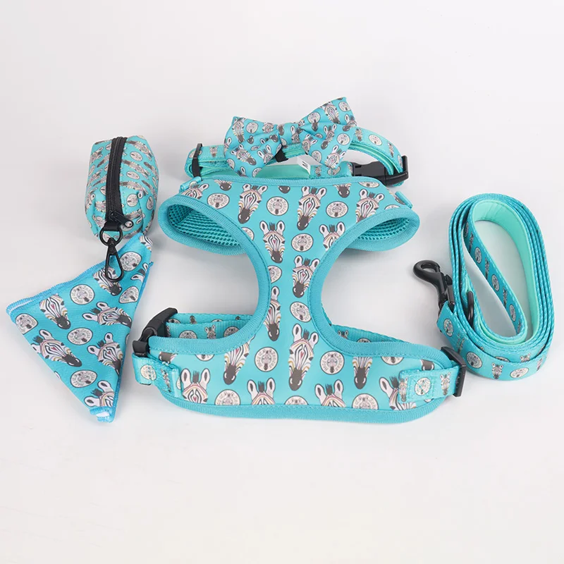 

OEM Fashion Custom Pet Product Blue Zebra Print Adjustable Dog Collars Leash and Harness Set With dog Bow tie