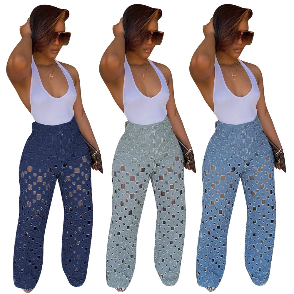 2021 Hot Sale High Waist Hole Denim Trousers For Women Hollow Out Wide Leg Pants Jeans Ladies Denim Wide Leg Pants, 5 colors
2021 Hot Sale High Waist Hole Denim Trousers For Women Hollow Out Wide Leg Pants Jeans Ladies Denim Wide Leg Pants, 5 colors