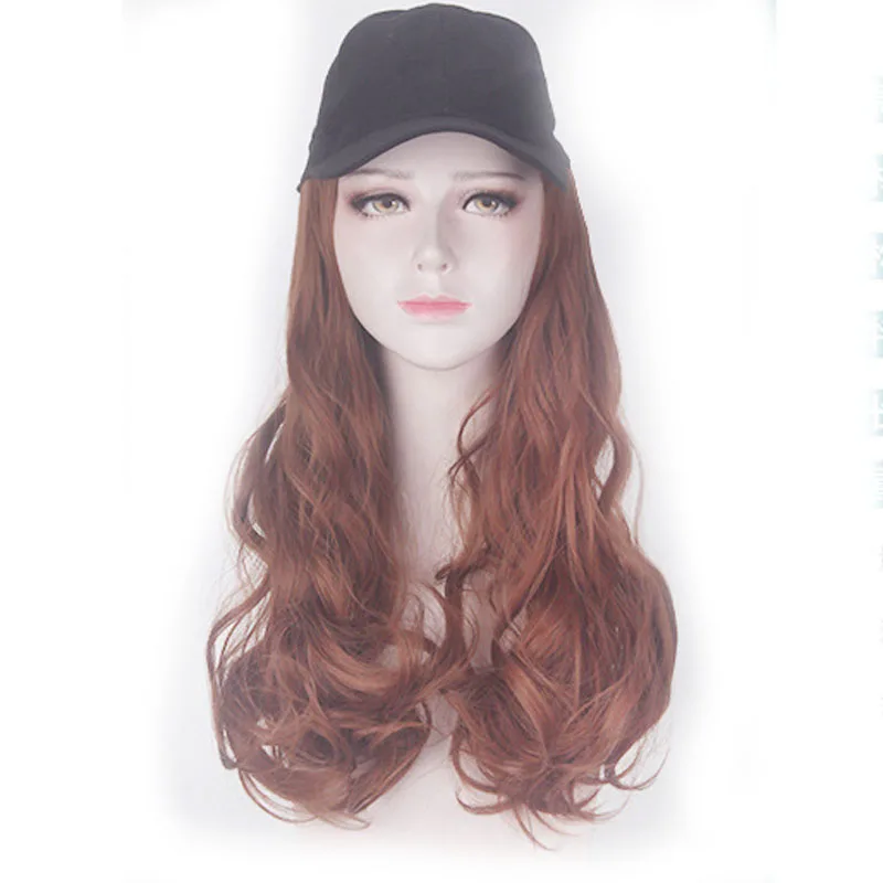 

Long Synthetic Baseball Cap Wig Natural Black / Brown Wave Wigs Naturally Connect Synthetic Hat Wig Adjustable For girl party