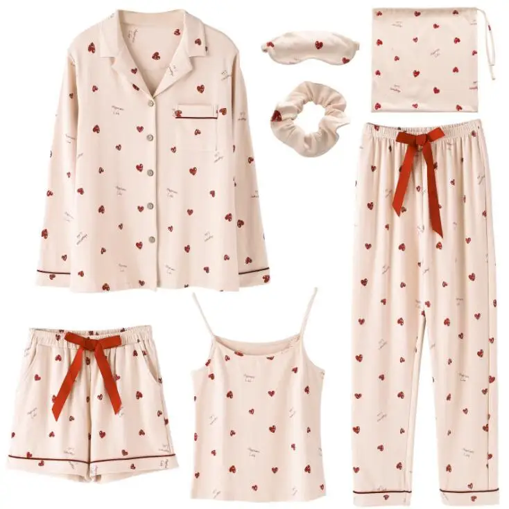 Hot selling 7 pieces pajamas set 100% cotton printing pajamas sleepwear for women, 5 colors
Hot selling 7 pieces pajamas set 100% cotton printing pajamas sleepwear for women, 5 colors