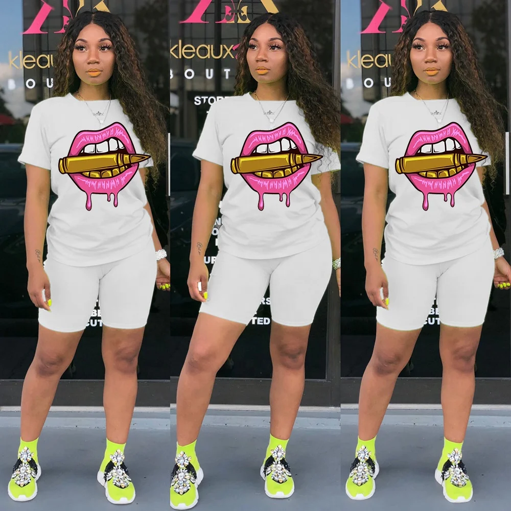 Summer Multicolor Lips Bullet Print T-Shirt Biker Shorts Black Two Piece Pants Set Fitness Wear Women Clothing, Customized color
Summer Multicolor Lips Bullet Print T-Shirt Biker Shorts Black Two Piece Pants Set Fitness Wear Women Clothing, Customized color