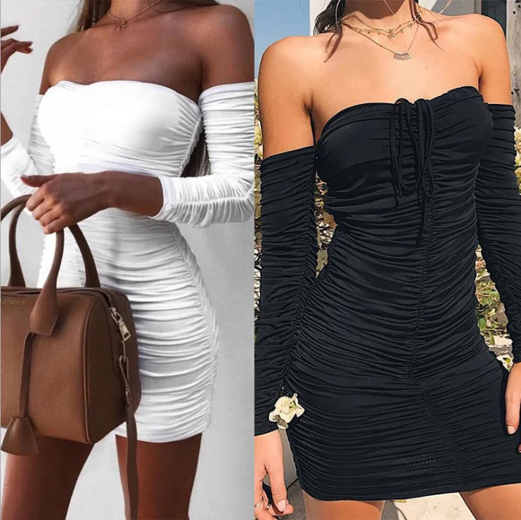 Popular women's bodycon clothing sexy chest wrap long sleeve Pleated Dress off shoulder dress, White/black
Popular women's bodycon clothing sexy chest wrap long sleeve Pleated Dress off shoulder dress, White/black