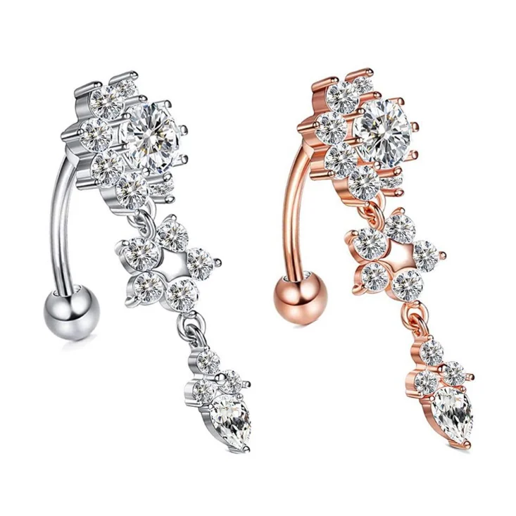 Sexy Double Flower Dangle Body Piercing Clear Zirconia Reverse Curved Belly Button Ring For Women Stainless Steel Belly Piercing, Silver/gold/rose gold
Sexy Double Flower Dangle Body Piercing Clear Zirconia Reverse Curved Belly Button Ring For Women Stainless Steel Belly Piercing, Silver/gold/rose gold
