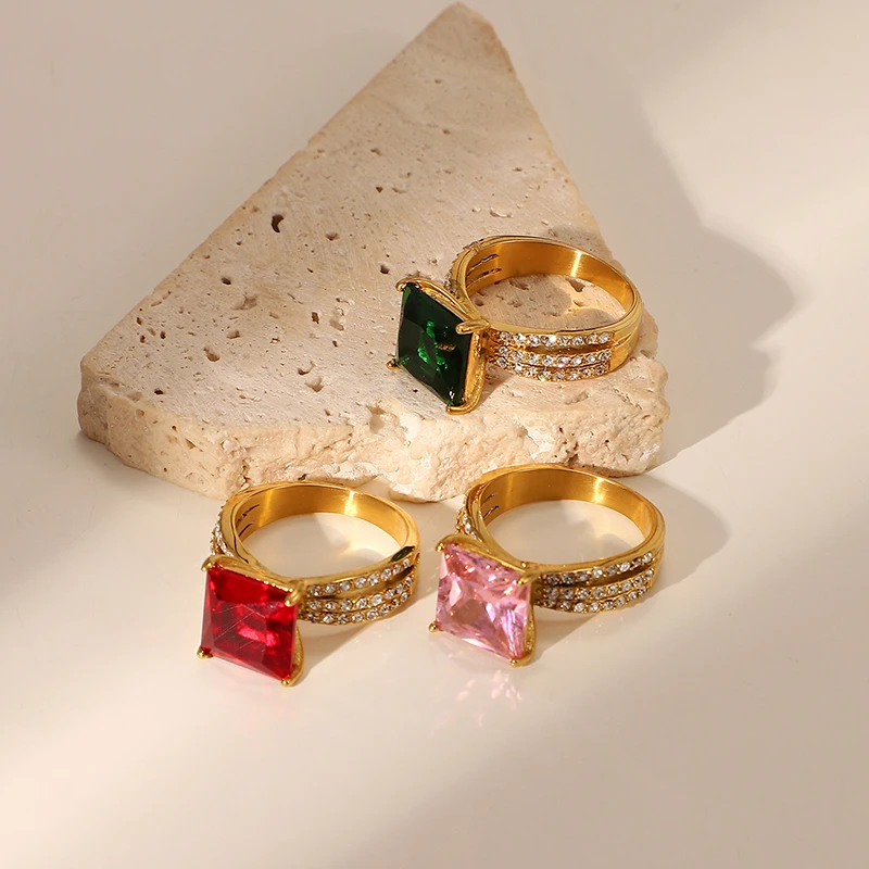 INS Popular Stainless Steel Wedding Ring 18K Gold Plated Square Colorful Zircon Ring for Women Men Jewelry, Gold color or customized color
INS Popular Stainless Steel Wedding Ring 18K Gold Plated Square Colorful Zircon Ring for Women Men Jewelry, Gold color or customized color