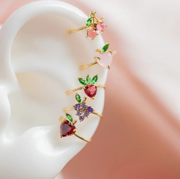 2021 Cute Zirconium Tropical Fruit Ear Clip Sweet Colorful cherry peach Fruit Ear Bone Clip For Women Girls Fashion Fine Jewelry, Gold/silver
2021 Cute Zirconium Tropical Fruit Ear Clip Sweet Colorful cherry peach Fruit Ear Bone Clip For Women Girls Fashion Fine Jewelry, Gold/silver