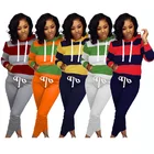 S0018 Wholesale fashionable contrast color long sleeve hoodies casual sports two piece pants set women clothing