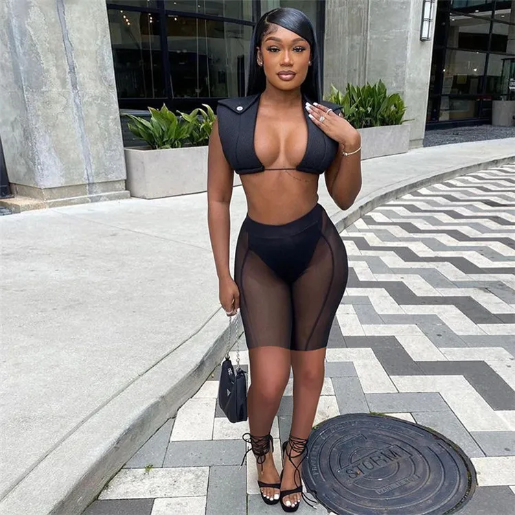 Popular Sexy Ladies Outfits Cardigan Crop Tops Mesh Shorts Summer Women Clothing 2 Piece Set
Popular Sexy Ladies Outfits Cardigan Crop Tops Mesh Shorts Summer Women Clothing 2 Piece Set