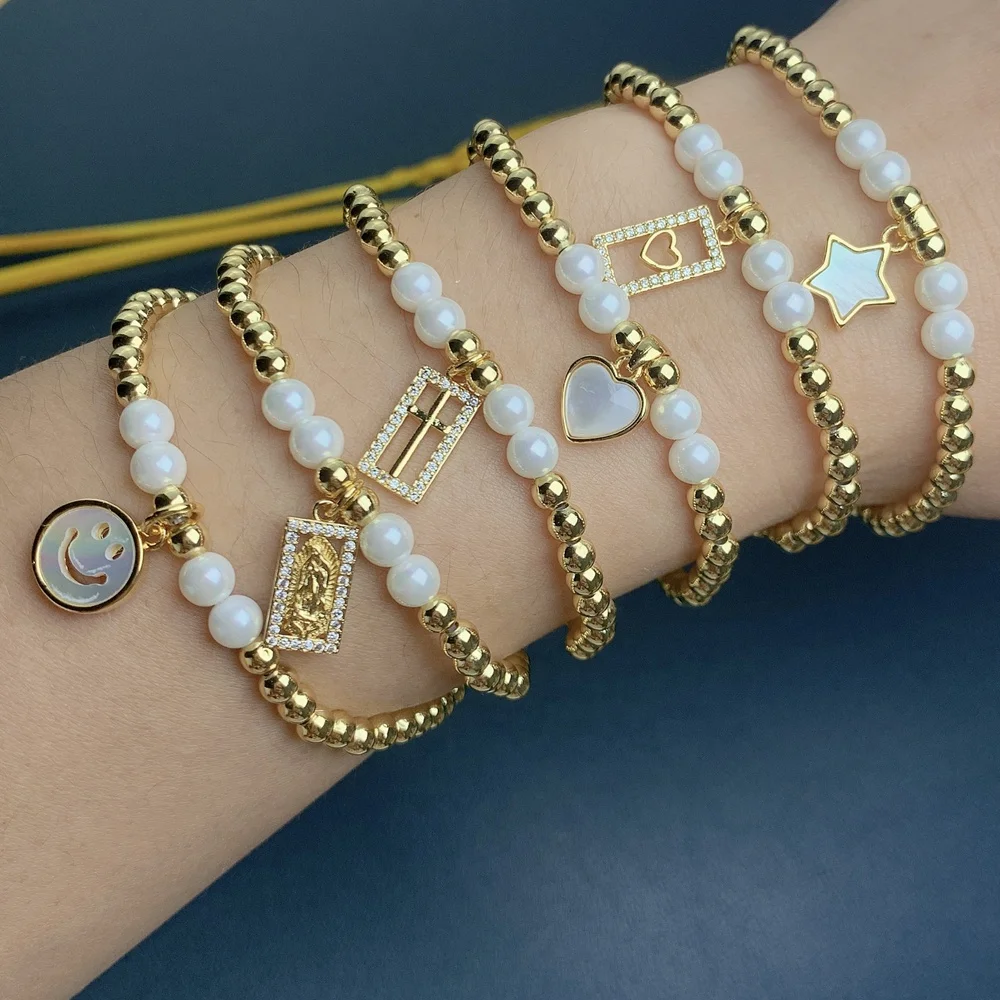 Zircon Sea Shell Smiley Heart Cross Virgin Mary Charm Bracelets Hand Made Metal Beaded Elastic Bracelet Jewelry
Zircon Sea Shell Smiley Heart Cross Virgin Mary Charm Bracelets Hand Made Metal Beaded Elastic Bracelet Jewelry