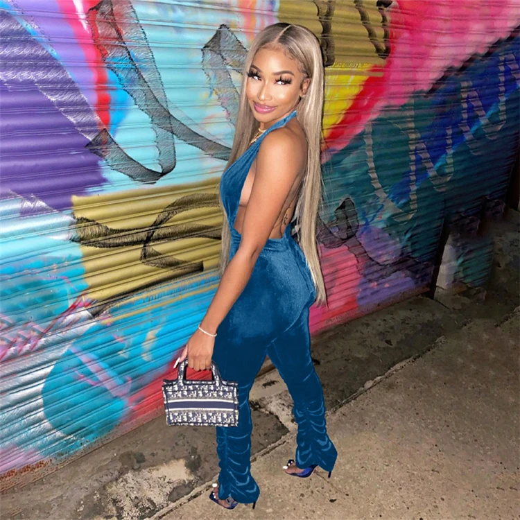 L4032-fashion v neck halter velvet bodycon jumpsuit with stacked pants, Picture shown
L4032-fashion v neck halter velvet bodycon jumpsuit with stacked pants, Picture shown
