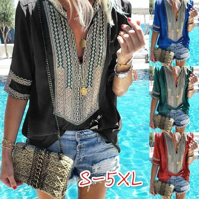 Spring And Summer Bohemian Style Women's National Style Striped V-neck Ladies Large Size Short-sleeved T-shirt, As pictures
Spring And Summer Bohemian Style Women's National Style Striped V-neck Ladies Large Size Short-sleeved T-shirt, As pictures