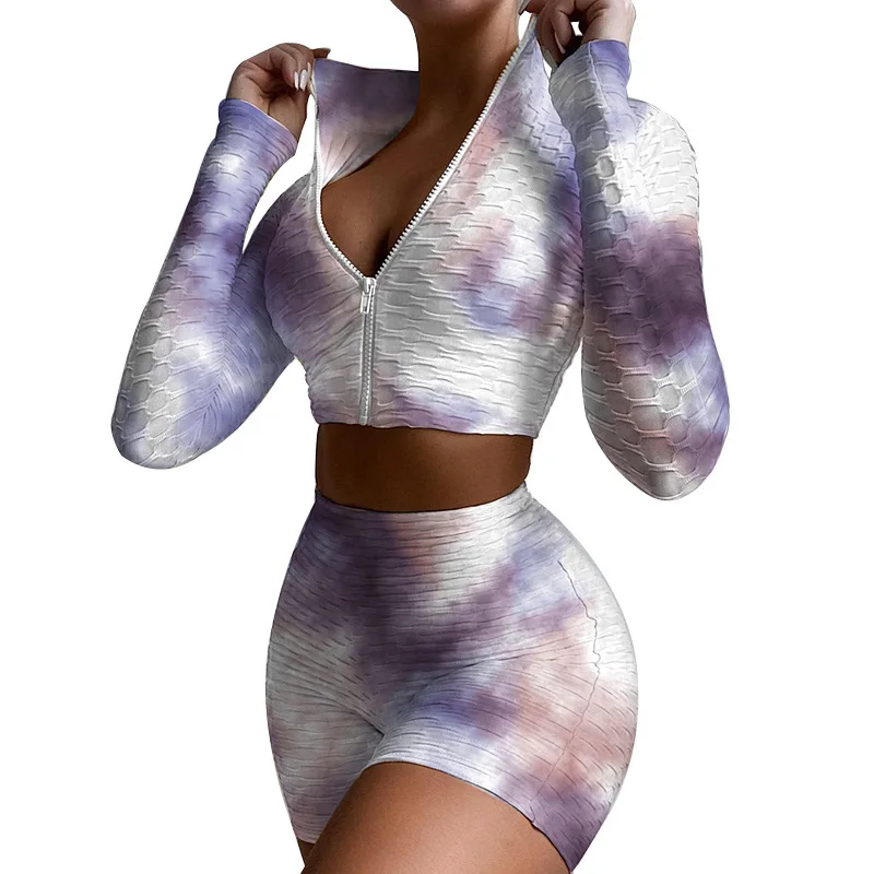 2021 New arrival new style tie dye two piece short set zipper opening colorful jogging suit for women two piece short set, Picture 
2021 New arrival new style tie dye two piece short set zipper opening colorful jogging suit for women two piece short set, Picture