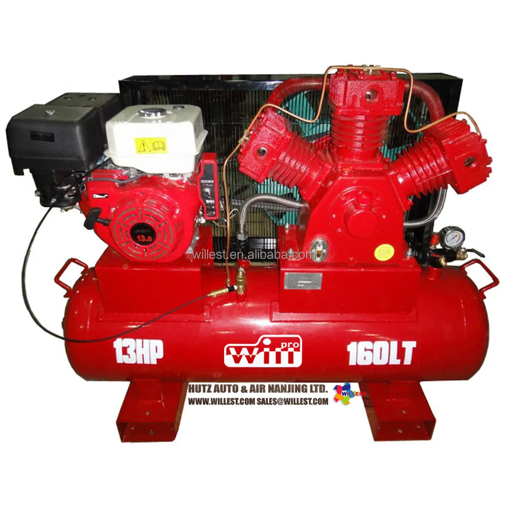 Gasoline engine industrial air compressor WILLEST belt drive BWII100G130H160F 13hp 160L petrol powered piston air compressor
