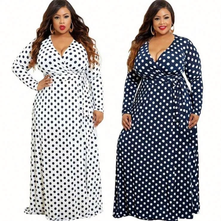 Fashion deep V-neck long-sleeved polka dot print large swing Women Plus Size Maxi Dress, White, dark blue, black
Fashion deep V-neck long-sleeved polka dot print large swing Women Plus Size Maxi Dress, White, dark blue, black