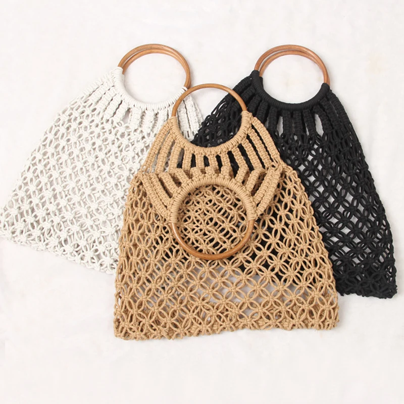 

Recyclable Environmental Products Bamboo Handle Macrame Beach Tote Bags Handbag for Women, 3 choices, white, khaki, black