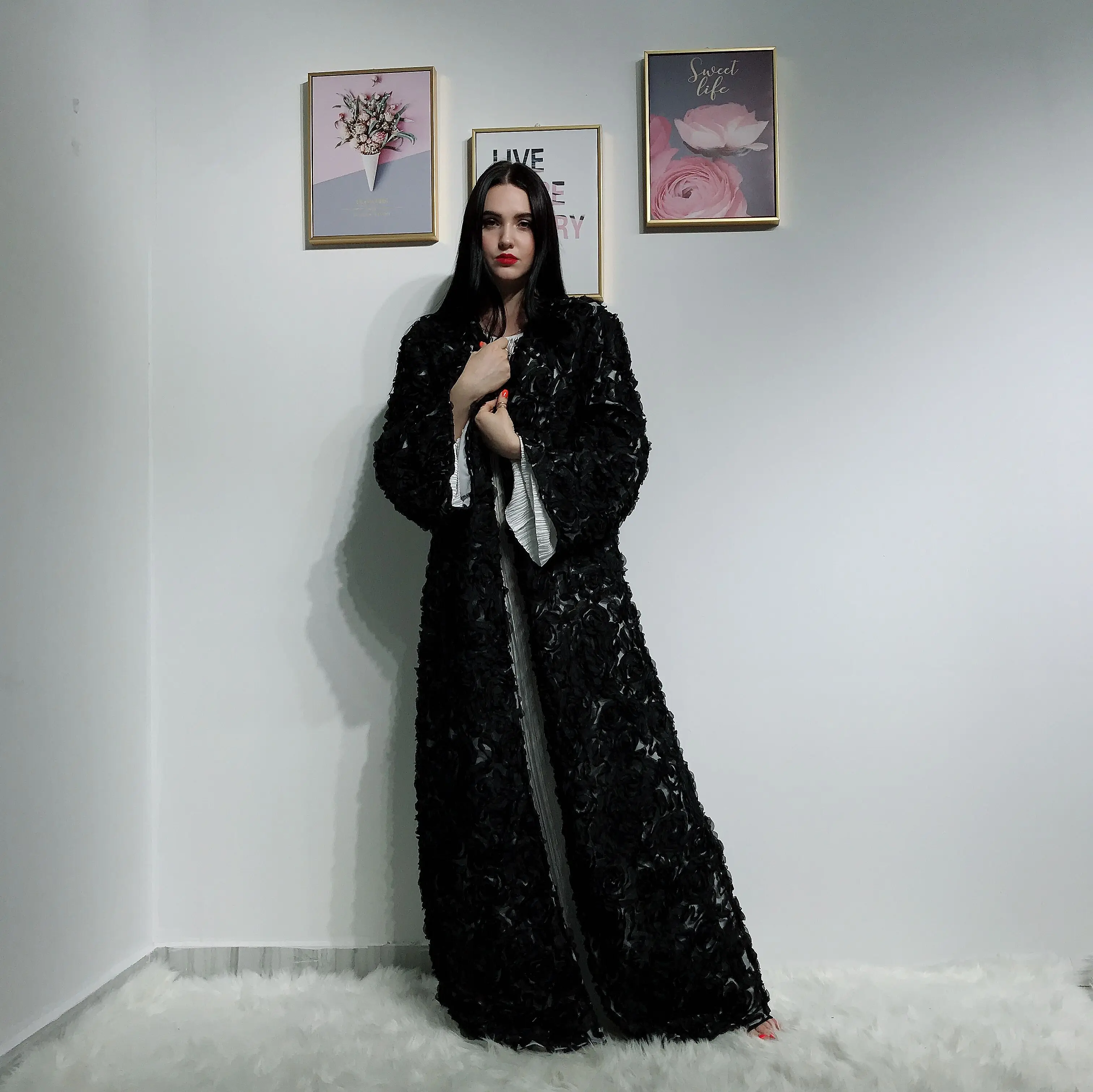 2019 wholesale new arrival 3D rose flower muslim women black open abaya, Wine red,blue,black
2019 wholesale new arrival 3D rose flower muslim women black open abaya, Wine red,blue,black