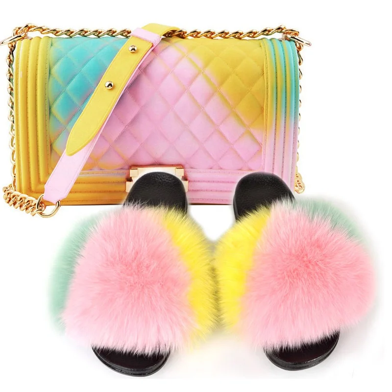 2020 ELVA new design rainbow color jelly bag fur slides with purse set fur slides, Colours
2020 ELVA new design rainbow color jelly bag fur slides with purse set fur slides, Colours