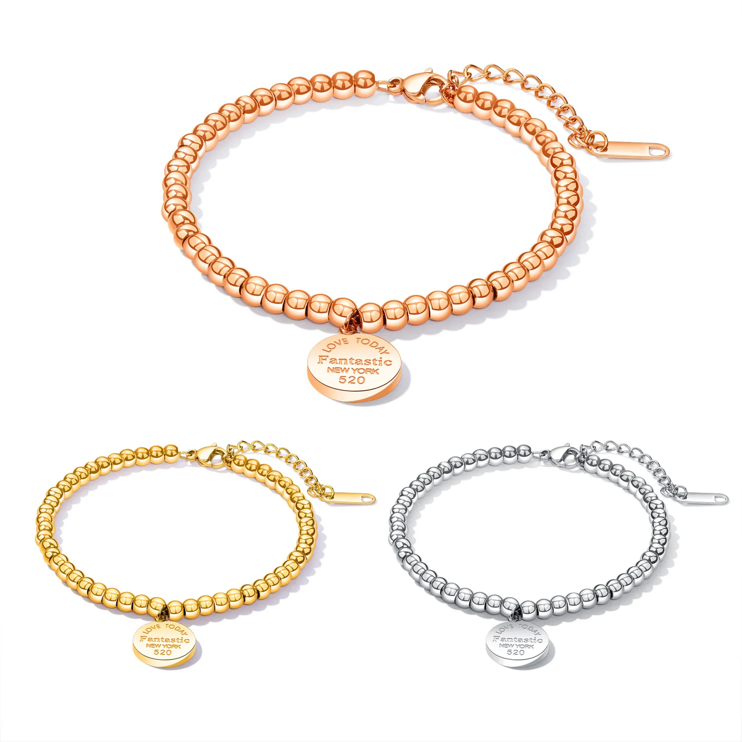 Hot Sale Stainless Steel Simple Rose Gold Beaded Round Card Fashion Love Couple Bracelet Jewelry wholesale, Silver,gold
Hot Sale Stainless Steel Simple Rose Gold Beaded Round Card Fashion Love Couple Bracelet Jewelry wholesale, Silver,gold