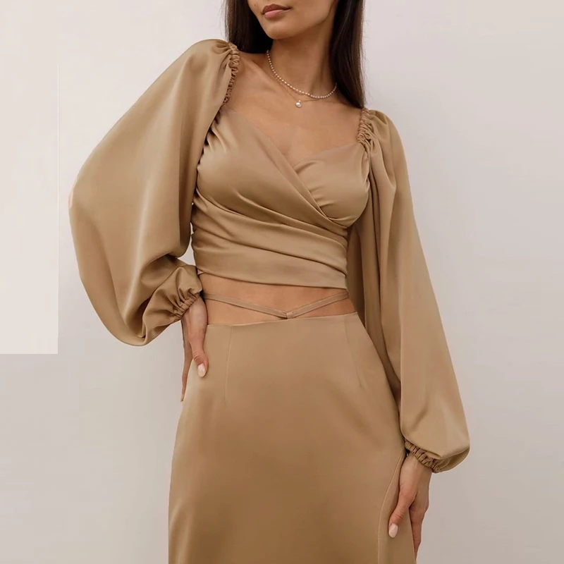 khaki green satin solid v neck dress 2pc lantern sleeve blouse and skirt set women 2 piece skirt set crop top with split, Green/khaki
khaki green satin solid v neck dress 2pc lantern sleeve blouse and skirt set women 2 piece skirt set crop top with split, Green/khaki