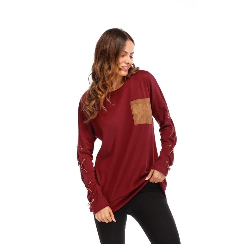 Autumn and Winter Plus Size T-shirts with Pocket Long-sleeved Cross Tie Round Neck Fashion T-shirt for Women, Red,black,blue,grey
Autumn and Winter Plus Size T-shirts with Pocket Long-sleeved Cross Tie Round Neck Fashion T-shirt for Women, Red,black,blue,grey
