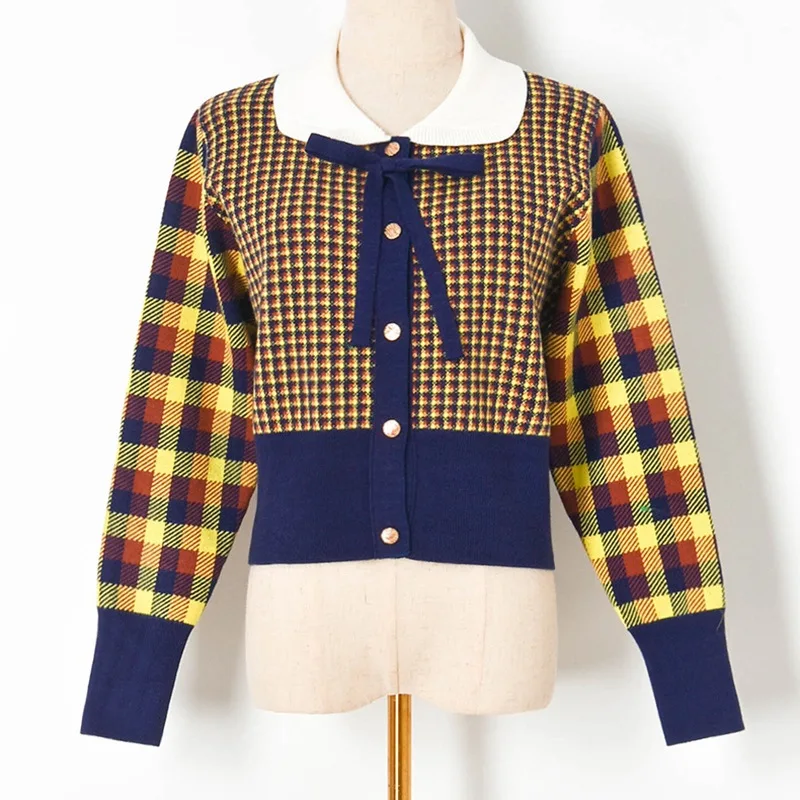 Wholesale women's autumn winter new single breasted long sleeve sweet Colorblock Plaid Bow Doll Collar Long Sleeve Knit Cardigan
Wholesale women's autumn winter new single breasted long sleeve sweet Colorblock Plaid Bow Doll Collar Long Sleeve Knit Cardigan