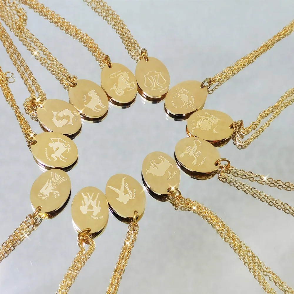 Fashion Jewelry Stainless Steel Oval Shape Constelation Choker Necklaces 18k Gold Plated 12 Zodiac Sign Pendant Necklace Women
Fashion Jewelry Stainless Steel Oval Shape Constelation Choker Necklaces 18k Gold Plated 12 Zodiac Sign Pendant Necklace Women