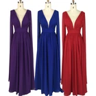 Long Chiffon Prom Dress Simple V Neck Back Pleat Woman Formal Evening Gowns Dresses with Long Sleeve