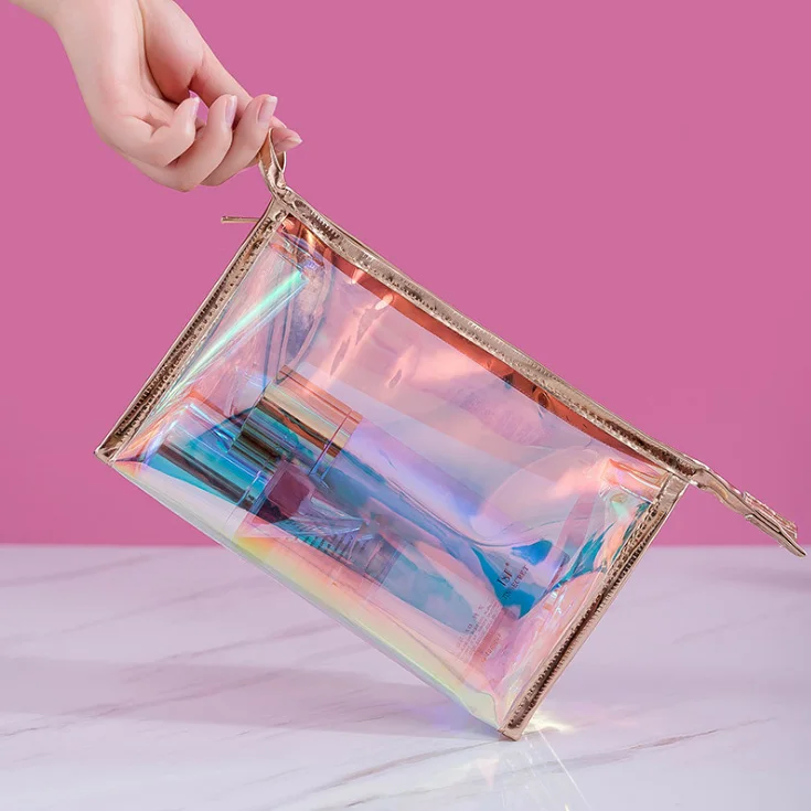 

2021 Laser Low MOQ Custom Logo New Fashion Transparent Laser Cosmetic Pouch Luxury Print Clear Holographic Makeup Bag, Choose