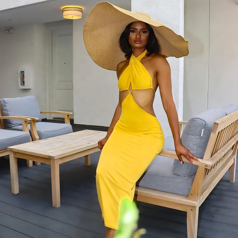 Woman Dresses New Arrival 2021 Halter Bandage Holllow-Out Sleeveless Lady Midi Dresses Backless Solid Pencil Evening Sexy Dress, Yellow/white
Woman Dresses New Arrival 2021 Halter Bandage Holllow-Out Sleeveless Lady Midi Dresses Backless Solid Pencil Evening Sexy Dress, Yellow/white