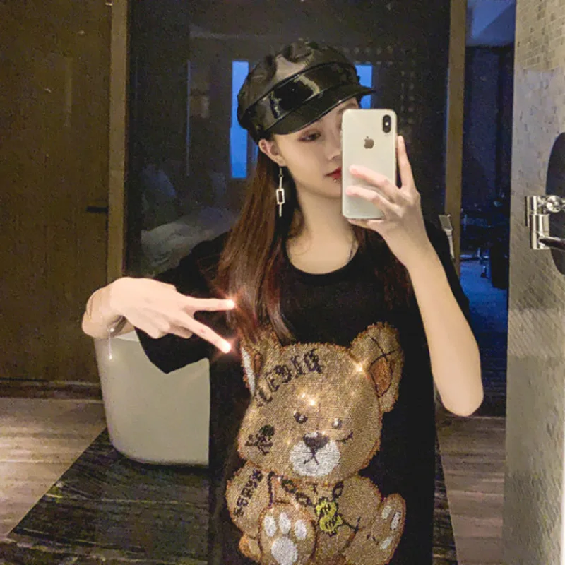 Women short sleeve kawaii office ladies wear female clothing oversized tshirt bear Loose personalized hot diamond top, 2 colors
Women short sleeve kawaii office ladies wear female clothing oversized tshirt bear Loose personalized hot diamond top, 2 colors