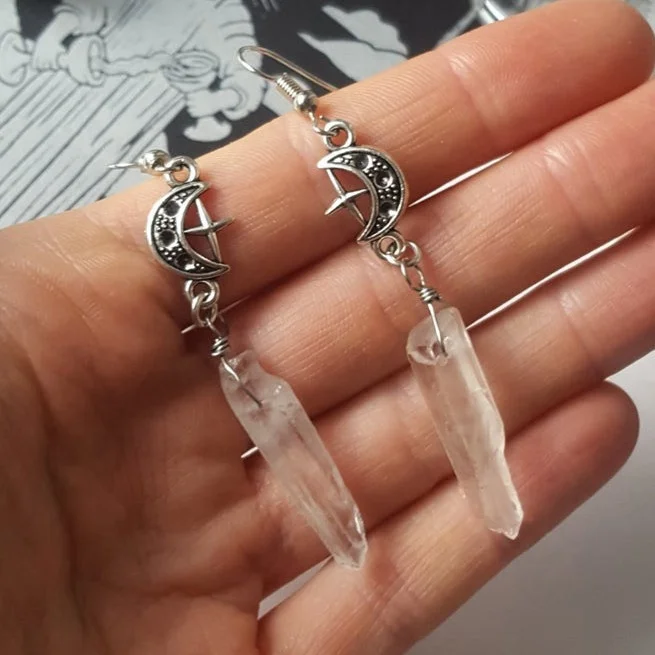 Clear Quartz Moon Earrings Boho Natural Stones Esoteric Celestial Alternative Star Ear Jewelry Gift LJ-0120
Clear Quartz Moon Earrings Boho Natural Stones Esoteric Celestial Alternative Star Ear Jewelry Gift LJ-0120