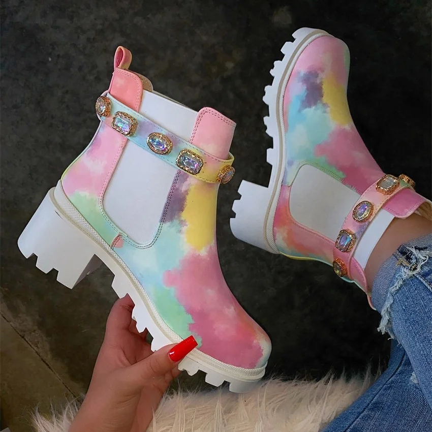 Chunky Heel Tie Dye Short Booties for Lady Shiny Rhinestone Round Toe Leather Boots Solid White Slip On Flat Ankle Boots, Mixed,white,black
Chunky Heel Tie Dye Short Booties for Lady Shiny Rhinestone Round Toe Leather Boots Solid White Slip On Flat Ankle Boots, Mixed,white,black