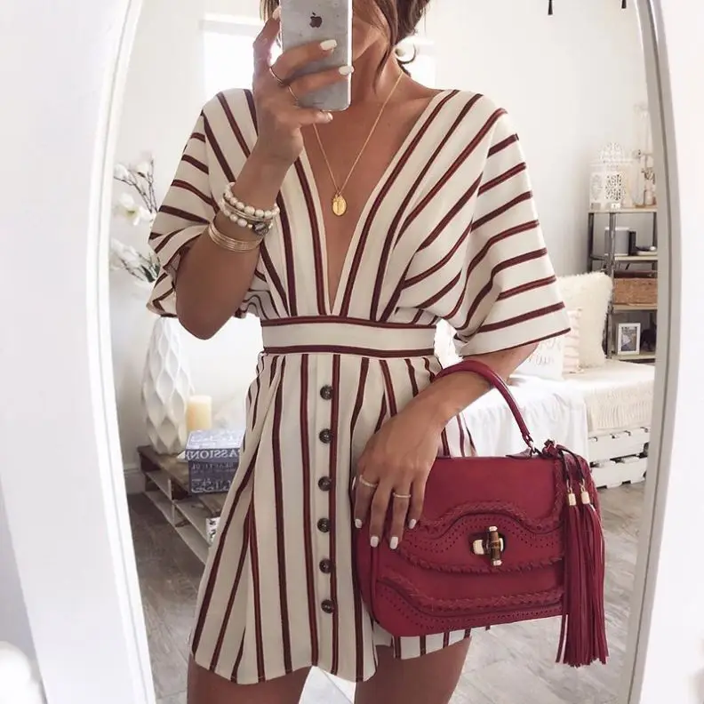 2019 Tempting Hot Sale new ladies casual dresses spring and summer autumn exposed chest women's striped deep V dress 
2019 Tempting Hot Sale new ladies casual dresses spring and summer autumn exposed chest women's striped deep V dress