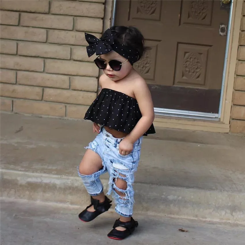Summer girl clothes set stretch print dot blouse denim ripped trousers headband 3pcs/set hot girl baby set, 1 color
Summer girl clothes set stretch print dot blouse denim ripped trousers headband 3pcs/set hot girl baby set, 1 color