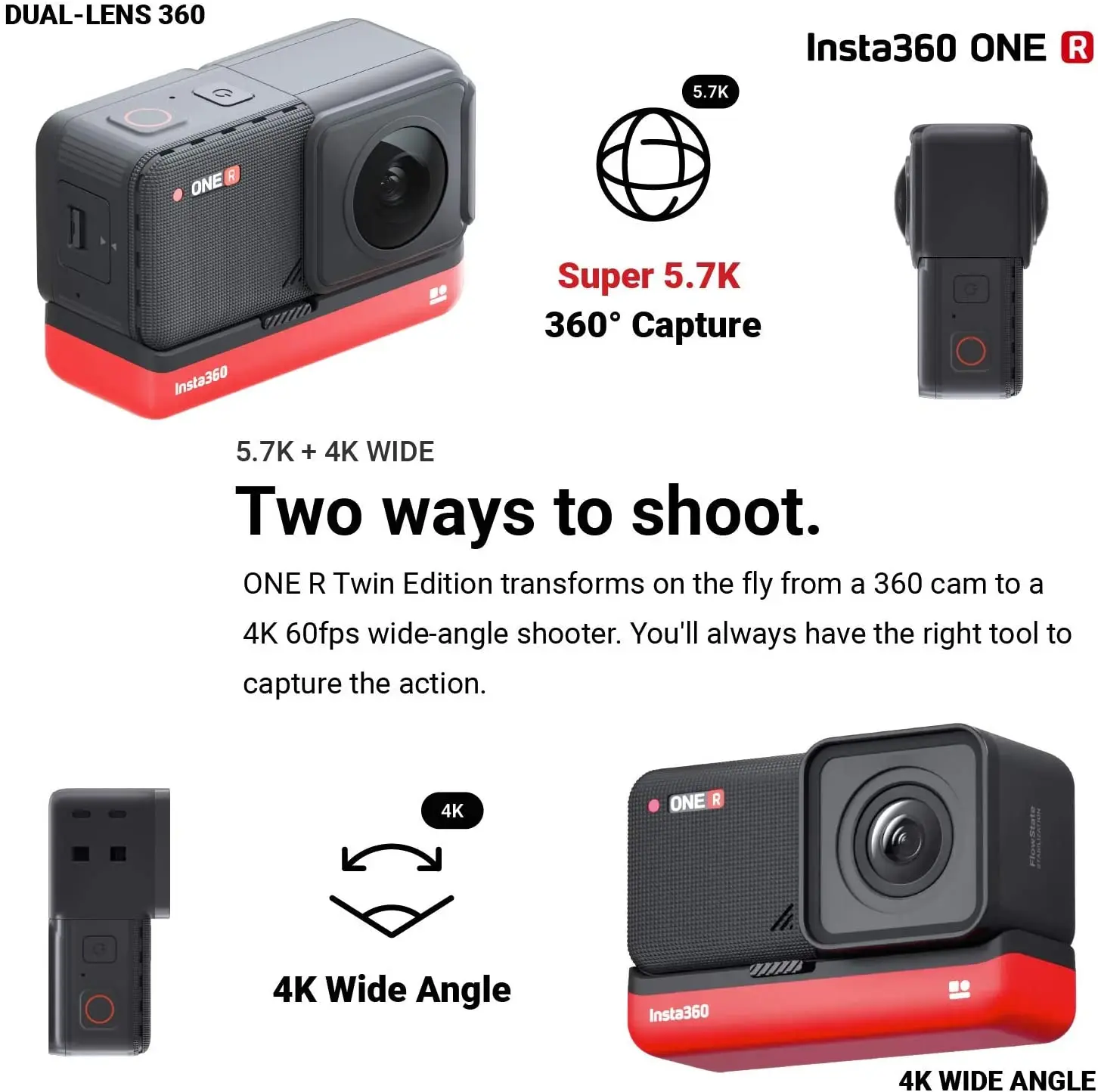 Insta360 ONE R Twin Edition 4K Wide Angle 60FPS Super 5.7K Dual-Lens 360 Action Camera
