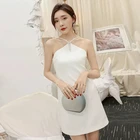 White Meteor Rhinestone Sling Halter Neck Strap Party Dress Sleeveless Dress