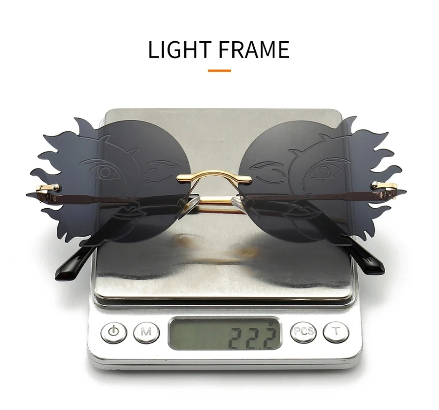 Sun Fire Round Lens Face Shape Irregular Metal Sunglasses Women Designer Rimless Fire Sunglasses, Avalaible
Sun Fire Round Lens Face Shape Irregular Metal Sunglasses Women Designer Rimless Fire Sunglasses, Avalaible