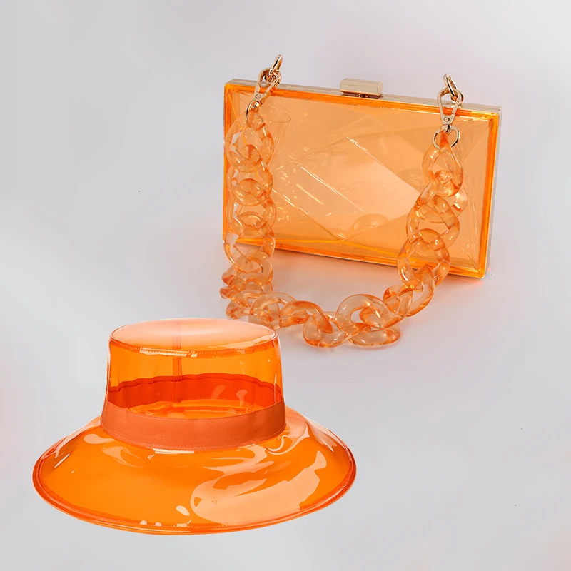 Wholesale Hot Set Transparent Clear Bucket Hats with Acrylic Clutch Purse Slides Set
Wholesale Hot Set Transparent Clear Bucket Hats with Acrylic Clutch Purse Slides Set