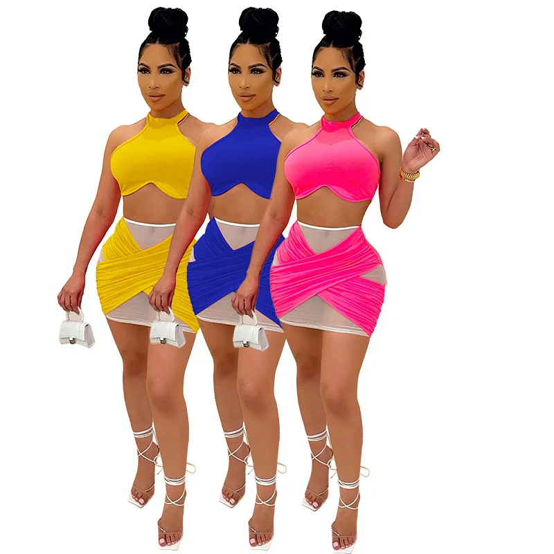 Women Velvet Solid Color Halter Strapless Crop Top Hollow Out Backless 2 Piece Set Mini Mesh Skirt Tracksuit, Different colors and support to customized
Women Velvet Solid Color Halter Strapless Crop Top Hollow Out Backless 2 Piece Set Mini Mesh Skirt Tracksuit, Different colors and support to customized